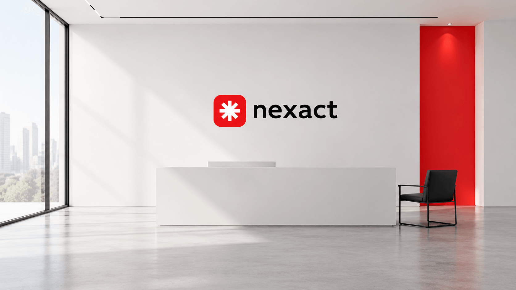 Concept render of the NEXACT wordmark on a reception wall.