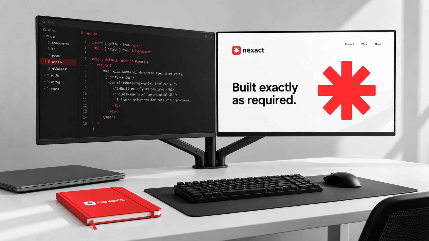 Concept render of the NEXACT brand shown on a developer's dual-monitor desk setup.