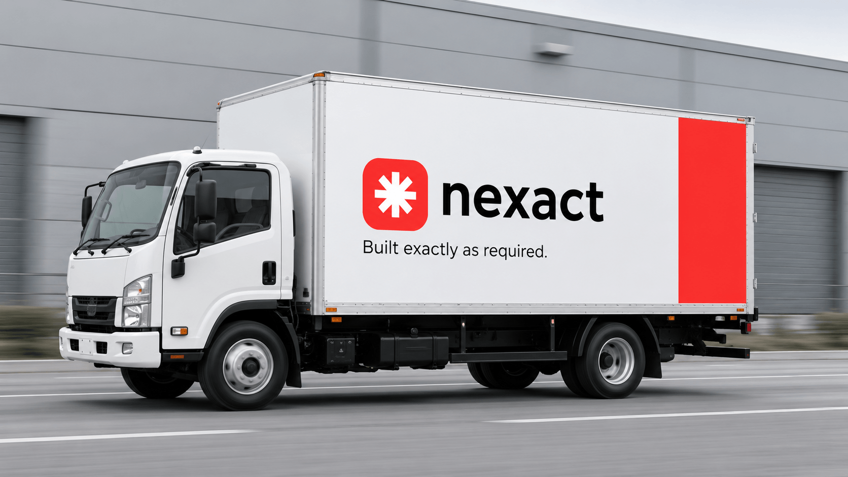Concept render of the NEXACT logo on the side of a delivery truck.