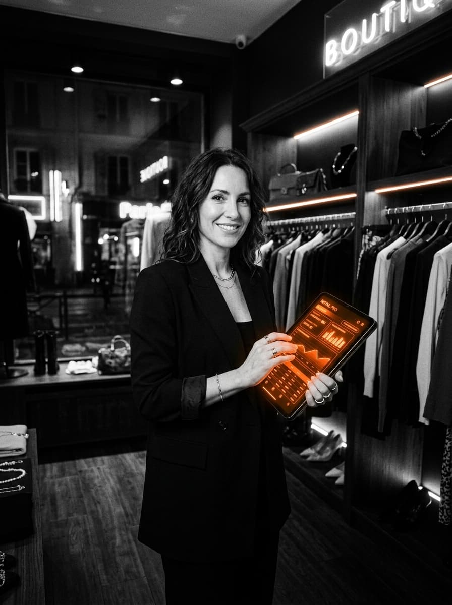 Boutique retail business owner with glowing analytics POS tablet