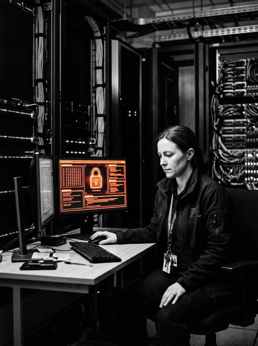 Data security engineer in server room with glowing cryptographic lock matrix