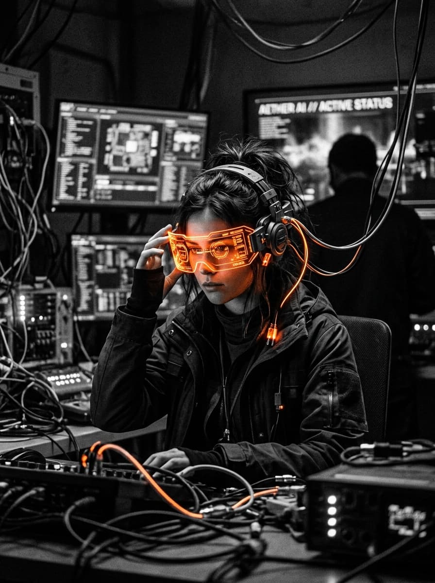 AI startup founder in cybernetic workstation with glowing visor